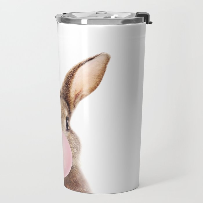 Brown Bunny Blowing Bubble Gum, Pink Nursery, Baby Animals Art Print by Synplus Travel Mug Gallery Image 2
