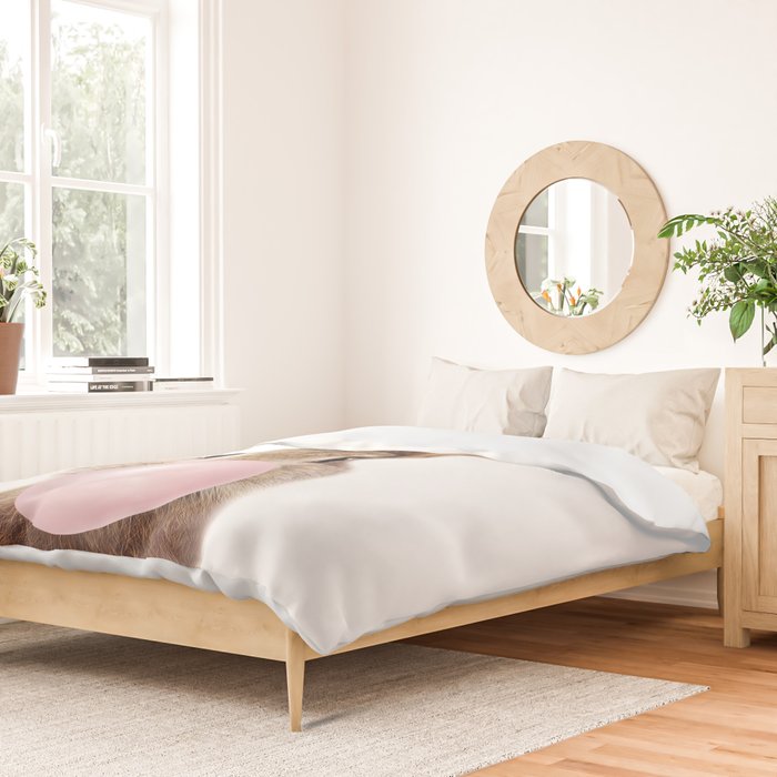 Brown Bunny Blowing Bubble Gum, Pink Nursery, Baby Animals Art Print by Synplus Duvet Cover Gallery Image 2