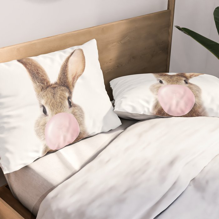 Brown Bunny Blowing Bubble Gum, Pink Nursery, Baby Animals Art Print by Synplus Pillow Sham Gallery Image 2
