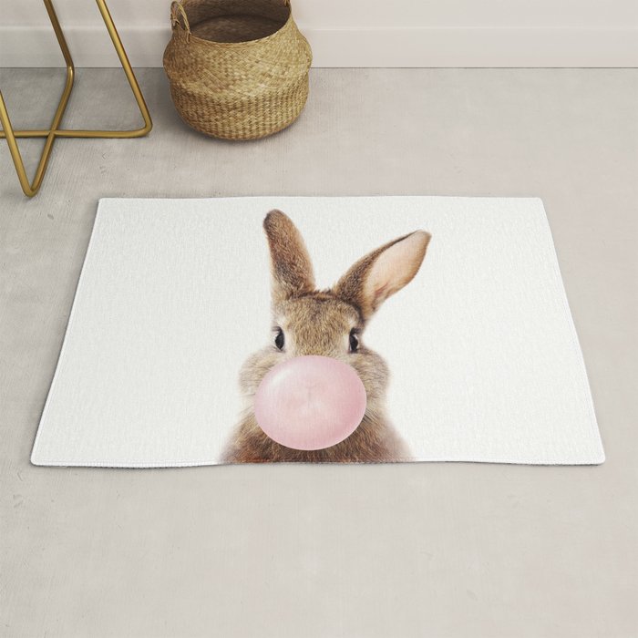 Brown Bunny Blowing Bubble Gum, Pink Nursery, Baby Animals Art Print by Synplus Rug Gallery Image 1