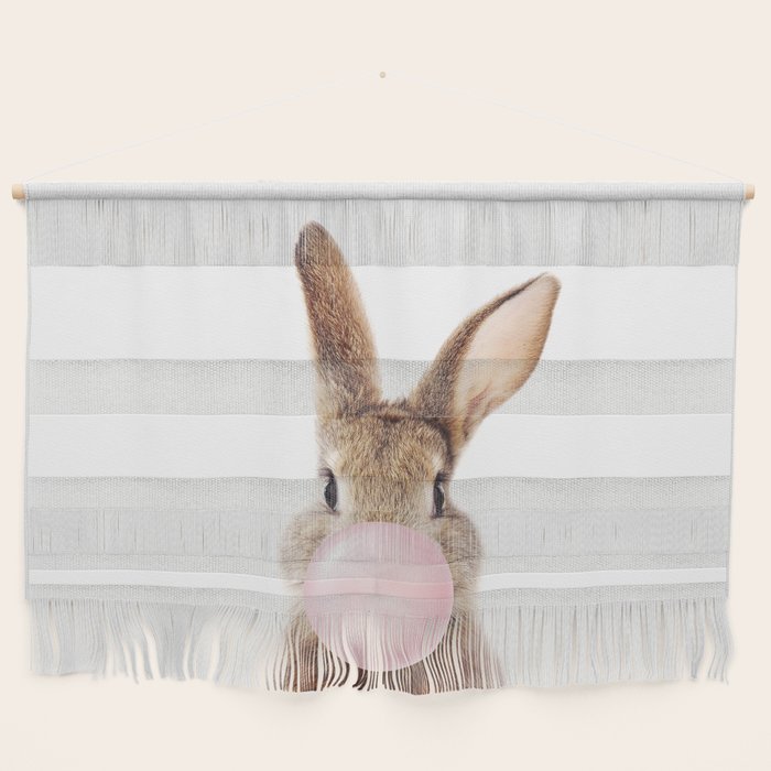 Brown Bunny Blowing Bubble Gum, Pink Nursery, Baby Animals Art Print by Synplus Wall Hanging Gallery Image 1