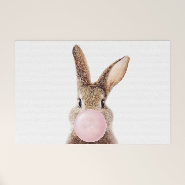Brown Bunny Blowing Bubble Gum, Pink Nursery, Baby Animals Art Print by Synplus Welcome Mat Gallery Image 1