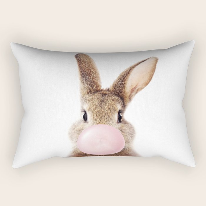 Brown Bunny Blowing Bubble Gum, Pink Nursery, Baby Animals Art Print by Synplus Rectangular Pillow Gallery Image 1