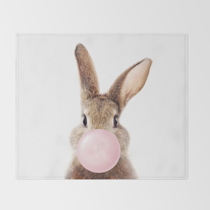 Brown Bunny Blowing Bubble Gum, Pink Nursery, Baby Animals Art Print by Synplus Throw Blanket Gallery Image 2