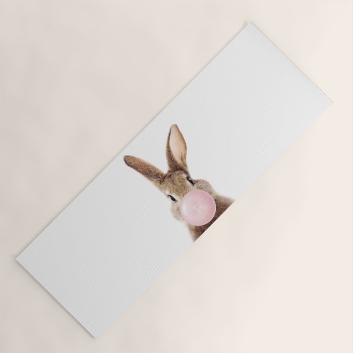 Brown Bunny Blowing Bubble Gum, Pink Nursery, Baby Animals Art Print by Synplus Yoga Mat Gallery Image 1