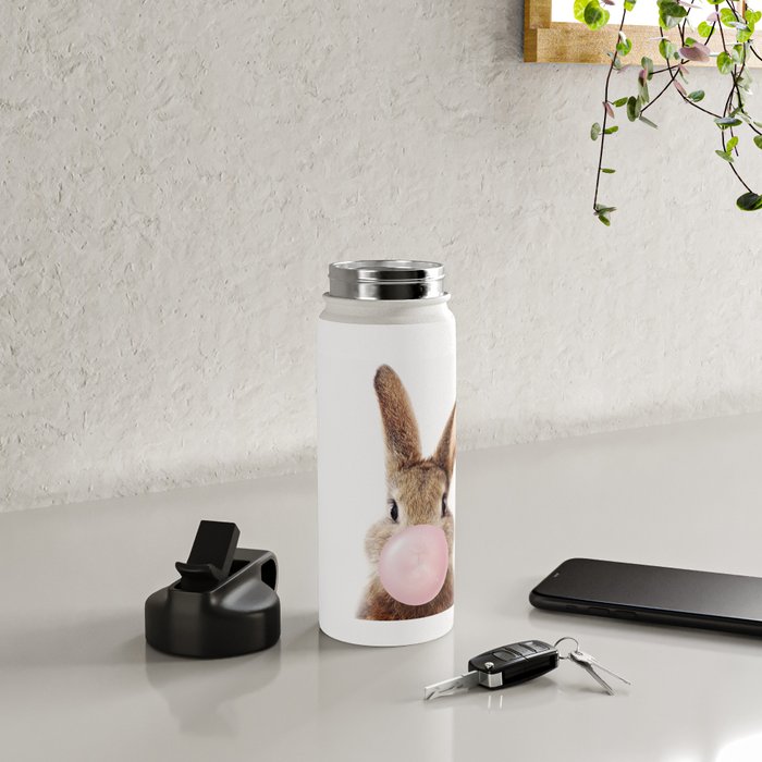 Brown Bunny Blowing Bubble Gum, Pink Nursery, Baby Animals Art Print by Synplus Water Bottle Gallery Image 4