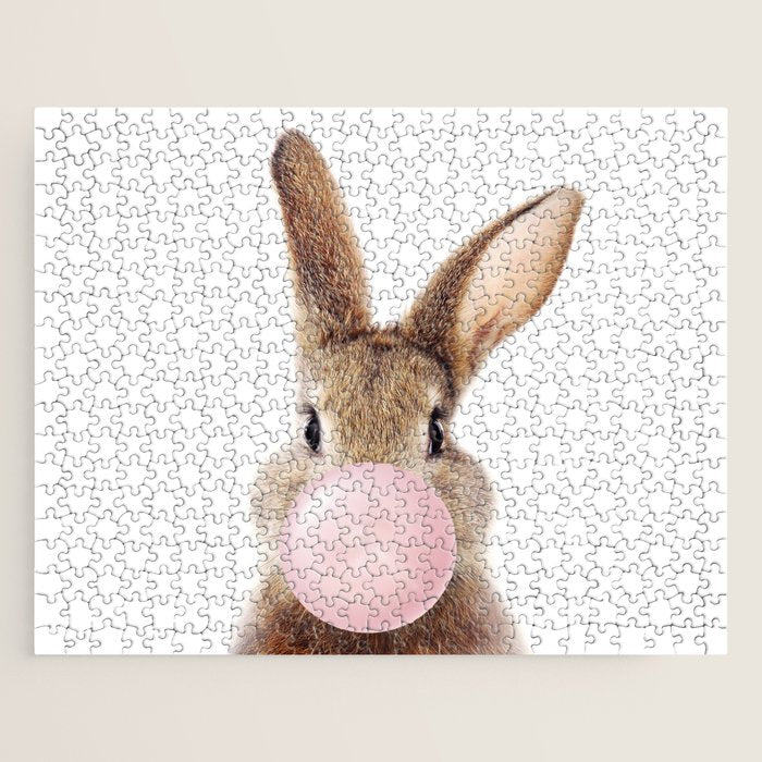 Brown Bunny Blowing Bubble Gum, Pink Nursery, Baby Animals Art Print by Synplus Jigsaw Puzzle