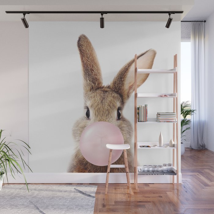 Brown Bunny Blowing Bubble Gum, Pink Nursery, Baby Animals Art Print by Synplus Wall Mural Gallery Image 1