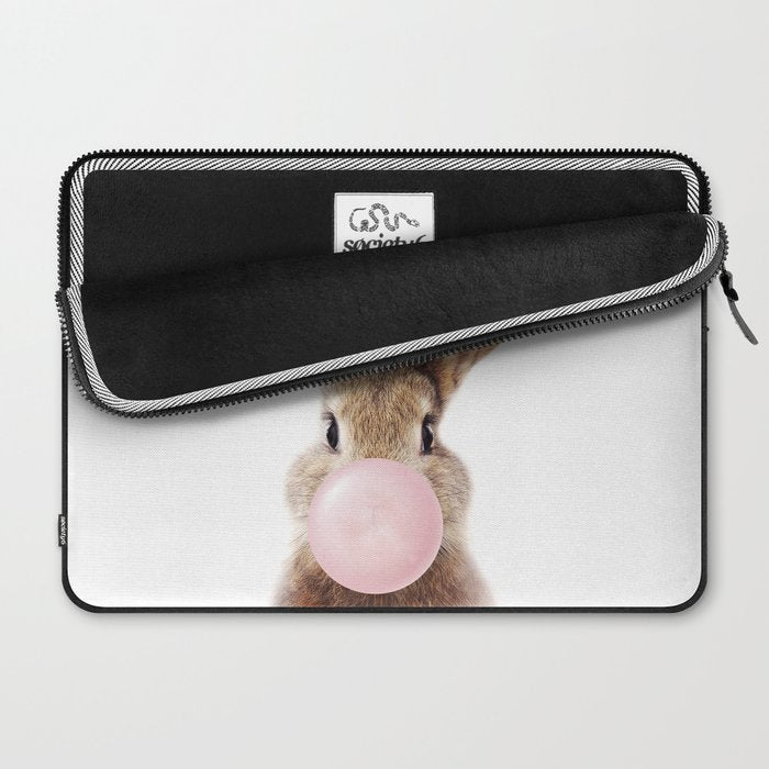 Brown Bunny Blowing Bubble Gum, Pink Nursery, Baby Animals Art Print by Synplus Laptop Sleeve Gallery Image 2