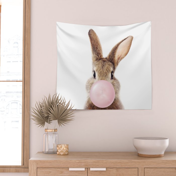 Brown Bunny Blowing Bubble Gum, Pink Nursery, Baby Animals Art Print by Synplus Wall Tapestry Gallery Image 2