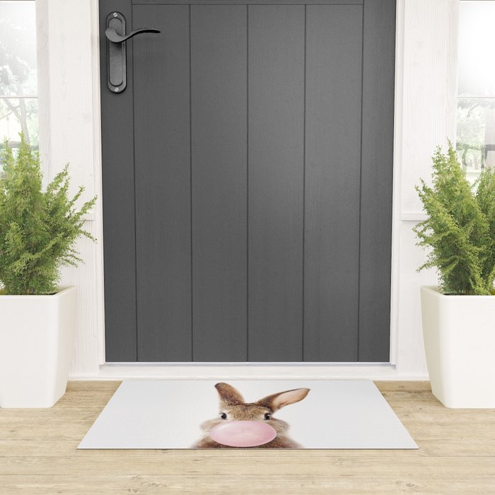 Brown Bunny Blowing Bubble Gum, Pink Nursery, Baby Animals Art Print by Synplus Welcome Mat Gallery Image 3