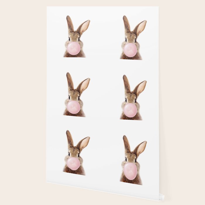 Brown Bunny Blowing Bubble Gum, Pink Nursery, Baby Animals Art Print by Synplus Wallpaper Gallery Image 2