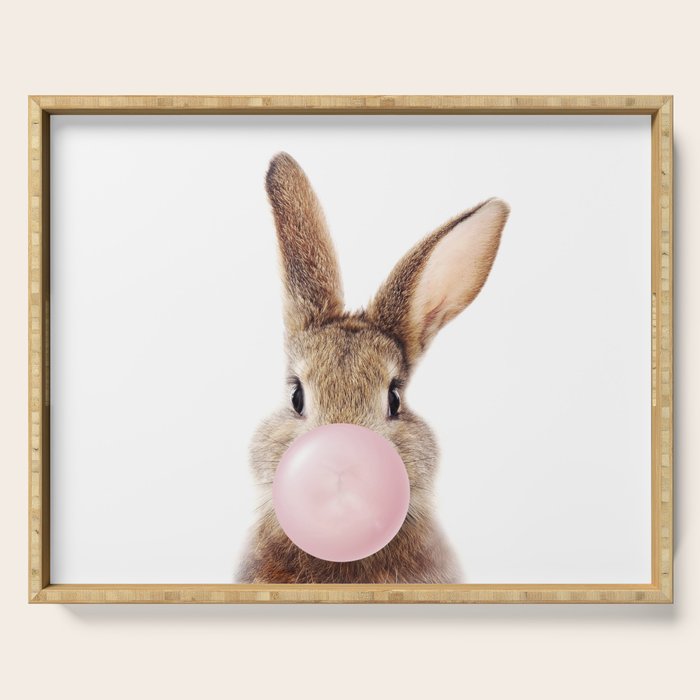 Brown Bunny Blowing Bubble Gum, Pink Nursery, Baby Animals Art Print by Synplus Serving Tray Gallery Image 1