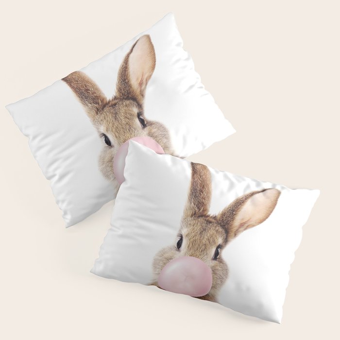 Brown Bunny Blowing Bubble Gum, Pink Nursery, Baby Animals Art Print by Synplus Pillow Sham Gallery Image 1