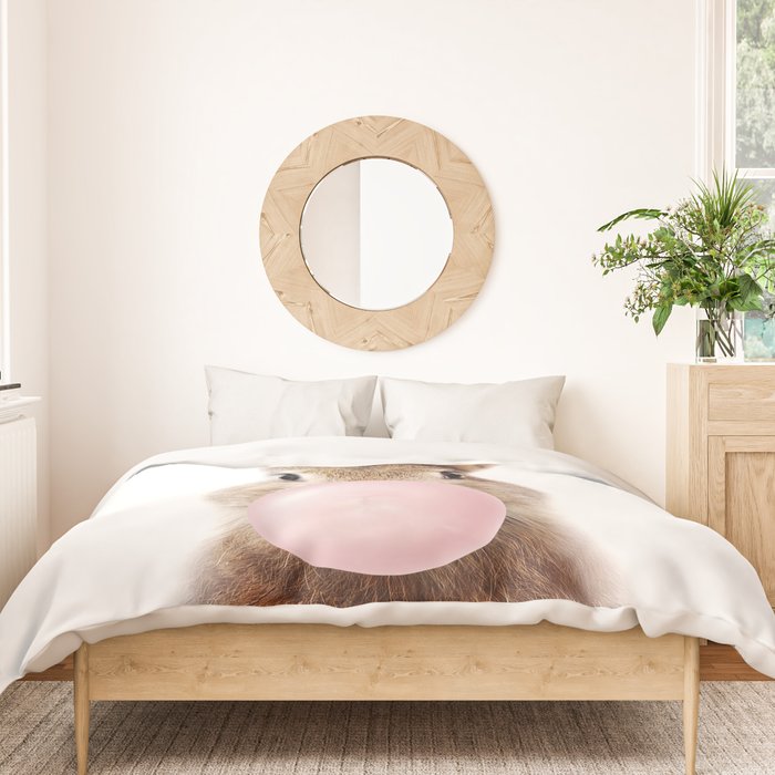 Brown Bunny Blowing Bubble Gum, Pink Nursery, Baby Animals Art Print by Synplus Duvet Cover Gallery Image 3