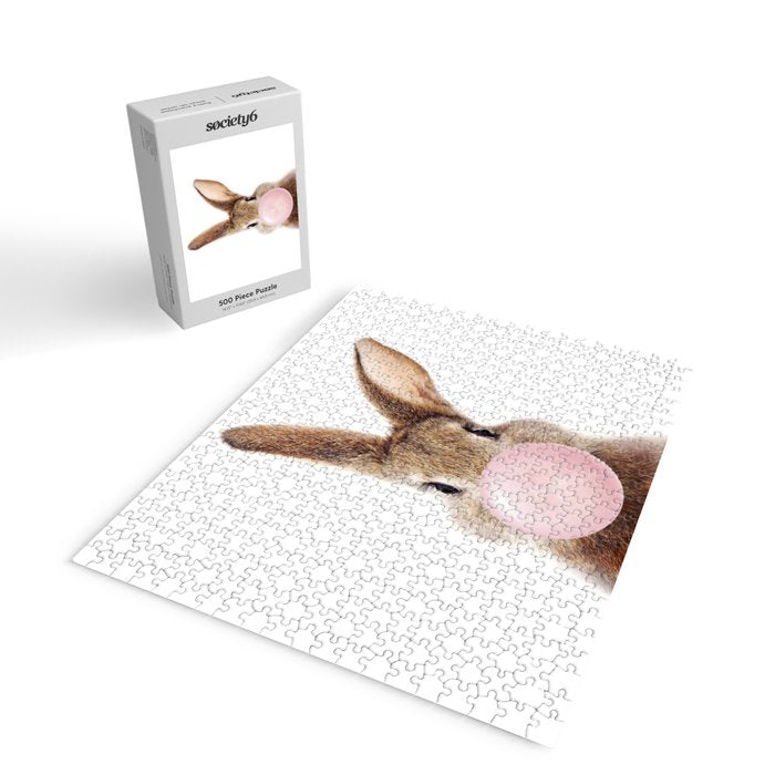 Brown Bunny Blowing Bubble Gum, Pink Nursery, Baby Animals Art Print by Synplus Jigsaw Puzzle Gallery Image 2