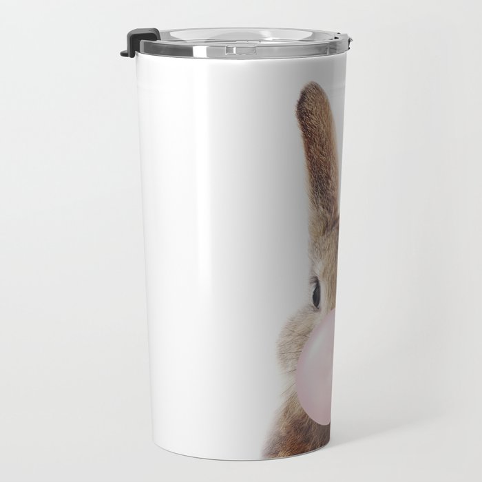 Brown Bunny Blowing Bubble Gum, Pink Nursery, Baby Animals Art Print by Synplus Travel Mug Gallery Image 3