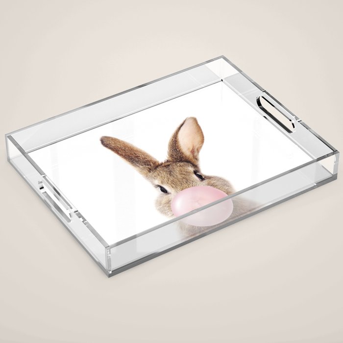 Brown Bunny Blowing Bubble Gum, Pink Nursery, Baby Animals Art Print by Synplus Acrylic Tray