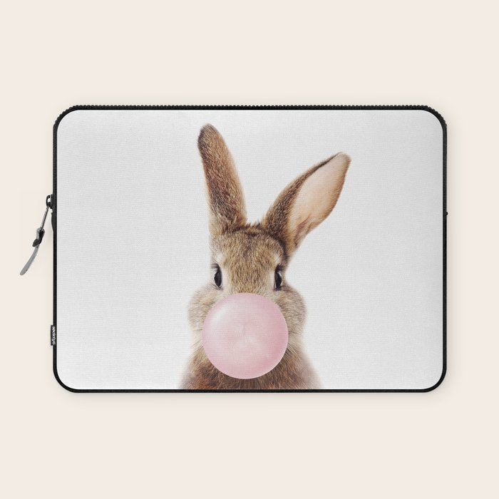 Brown Bunny Blowing Bubble Gum, Pink Nursery, Baby Animals Art Print by Synplus Laptop Sleeve Gallery Image 1