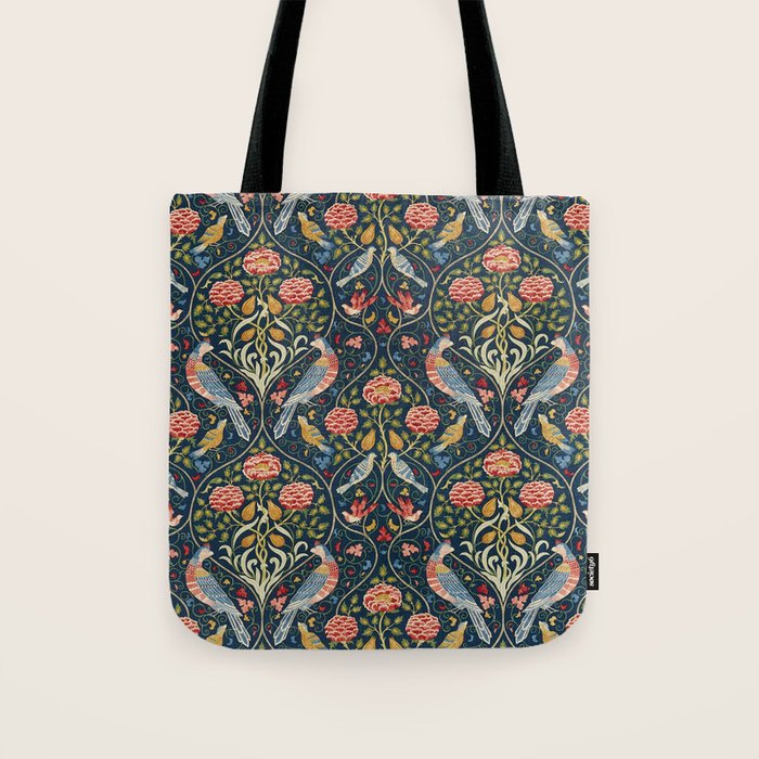 William Morris Vintage Seasons by May Melsetter Bird Pattern Indigo Blue Tote Bag Gallery Image 1