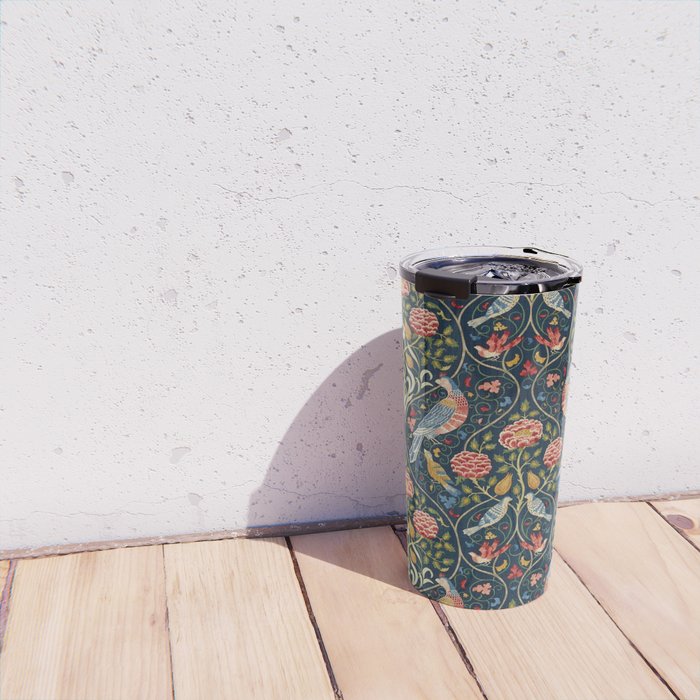 William Morris Vintage Seasons by May Melsetter Bird Pattern Indigo Blue Travel Mug Gallery Image 4
