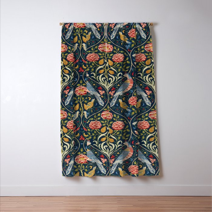William Morris Vintage Seasons by May Melsetter Bird Pattern Indigo Blue Window Curtain Gallery Image 3
