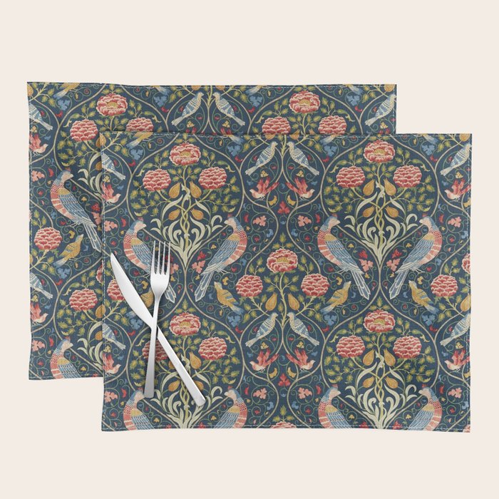 William Morris Vintage Seasons by May Melsetter Bird Pattern Indigo Blue Placemat Gallery Image 1