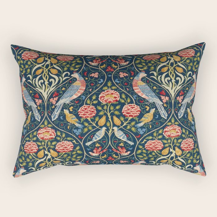 William Morris Vintage Seasons by May Melsetter Bird Pattern Indigo Blue Rectangular Pillow Gallery Image 1