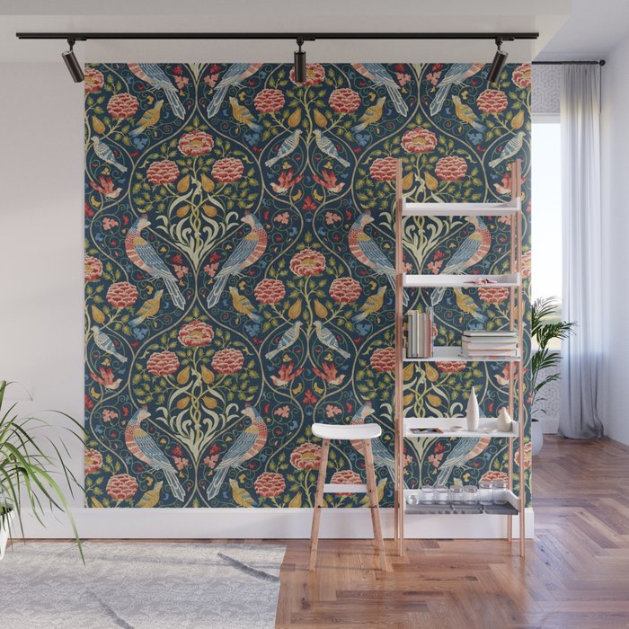 William Morris Vintage Seasons by May Melsetter Bird Pattern Indigo Blue Wall Mural Gallery Image 1