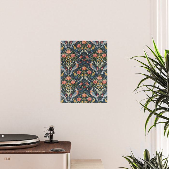 William Morris Vintage Seasons by May Melsetter Bird Pattern Indigo Blue Poster Gallery Image 2