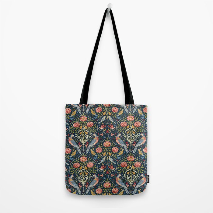 William Morris Vintage Seasons by May Melsetter Bird Pattern Indigo Blue Tote Bag Gallery Image 2