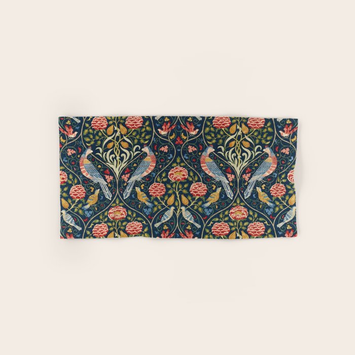 William Morris Vintage Seasons by May Melsetter Bird Pattern Indigo Blue Bath Towel Gallery Image 1