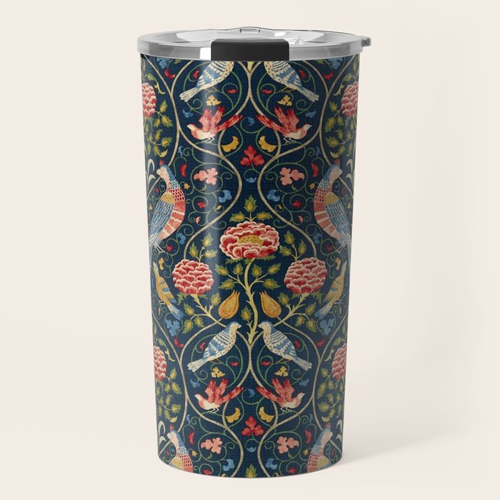 William Morris Vintage Seasons by May Melsetter Bird Pattern Indigo Blue Travel Mug Gallery Image 1