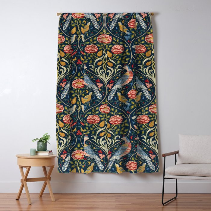 William Morris Vintage Seasons by May Melsetter Bird Pattern Indigo Blue Window Curtain Gallery Image 1