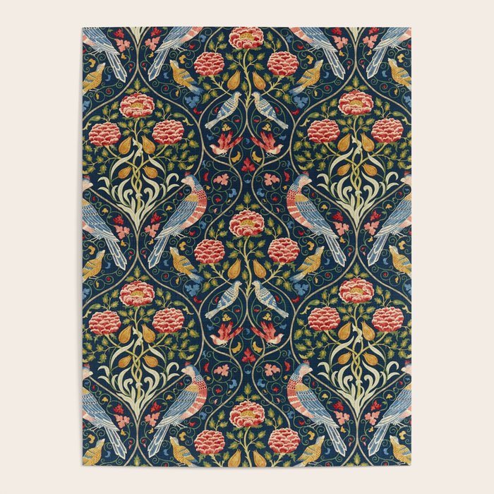 William Morris Vintage Seasons by May Melsetter Bird Pattern Indigo Blue Poster Gallery Image 1