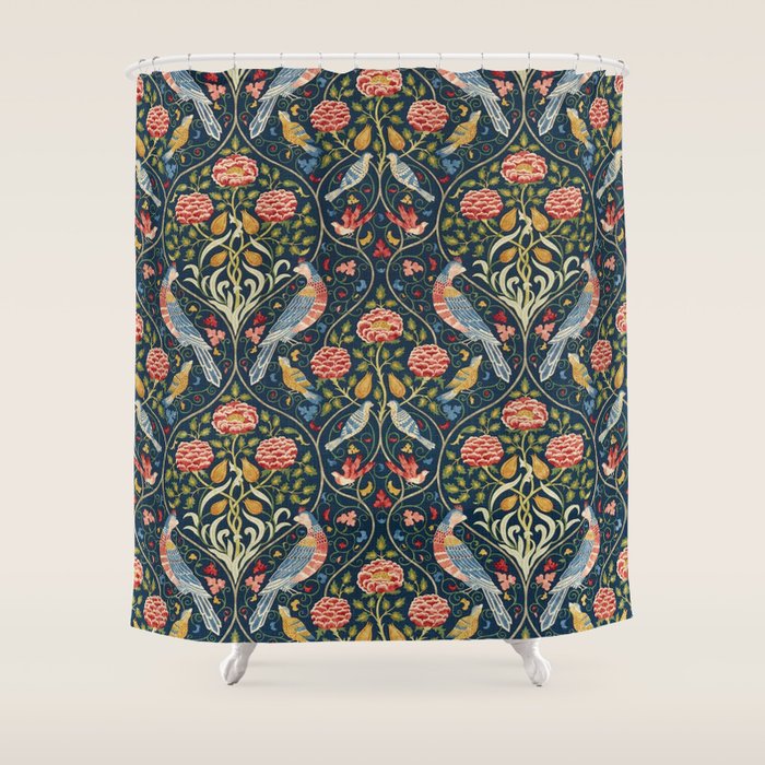 William Morris Vintage Seasons by May Melsetter Bird Pattern Indigo Blue Shower Curtain Gallery Image 1