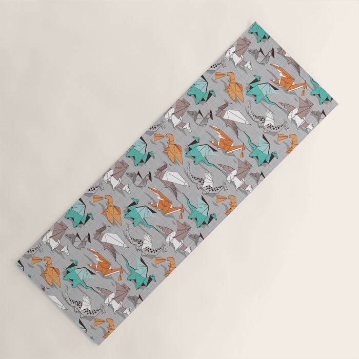 Origami dragon friends // grey linen texture background aqua orange grey and taupe fantastic creatures Yoga Mat Gallery Image 1