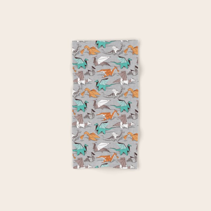 Origami dragon friends // grey linen texture background aqua orange grey and taupe fantastic creatures Bath Towel Gallery Image 1