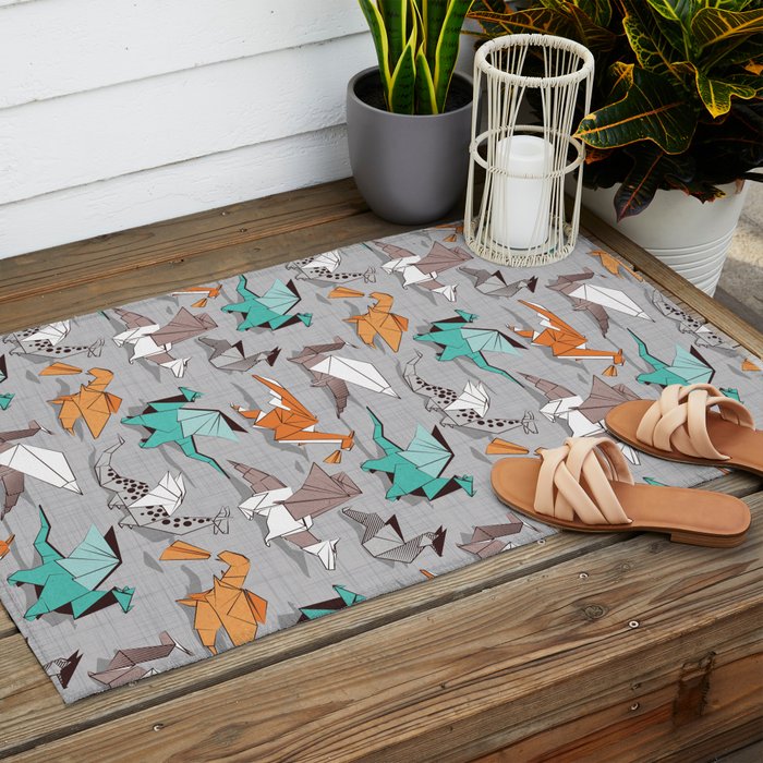 Origami dragon friends // grey linen texture background aqua orange grey and taupe fantastic creatures Outdoor Rug Gallery Image 2