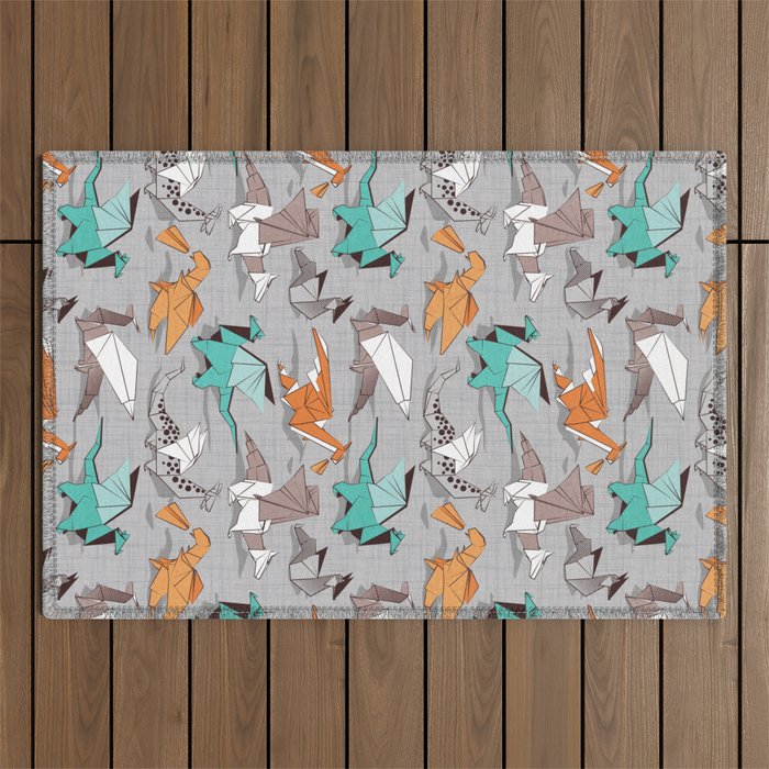 Origami dragon friends // grey linen texture background aqua orange grey and taupe fantastic creatures Outdoor Rug Gallery Image 1