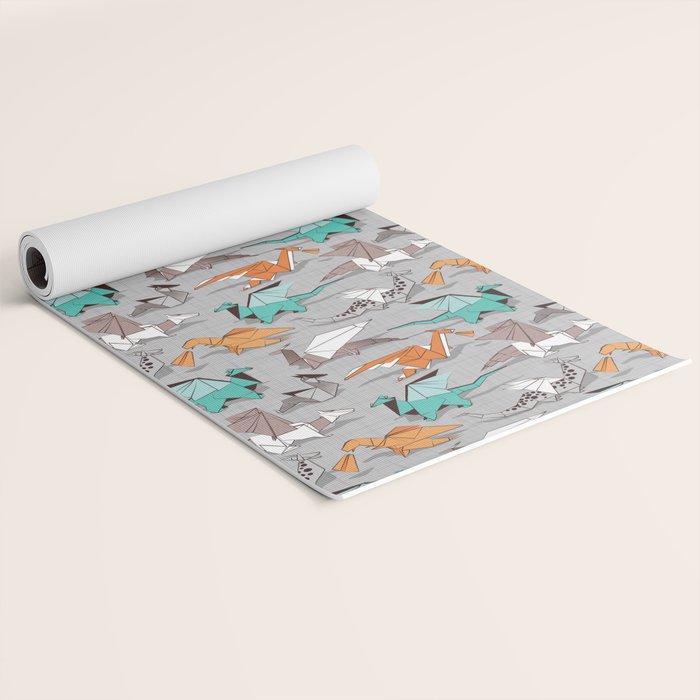 Origami dragon friends // grey linen texture background aqua orange grey and taupe fantastic creatures Yoga Mat Gallery Image 2