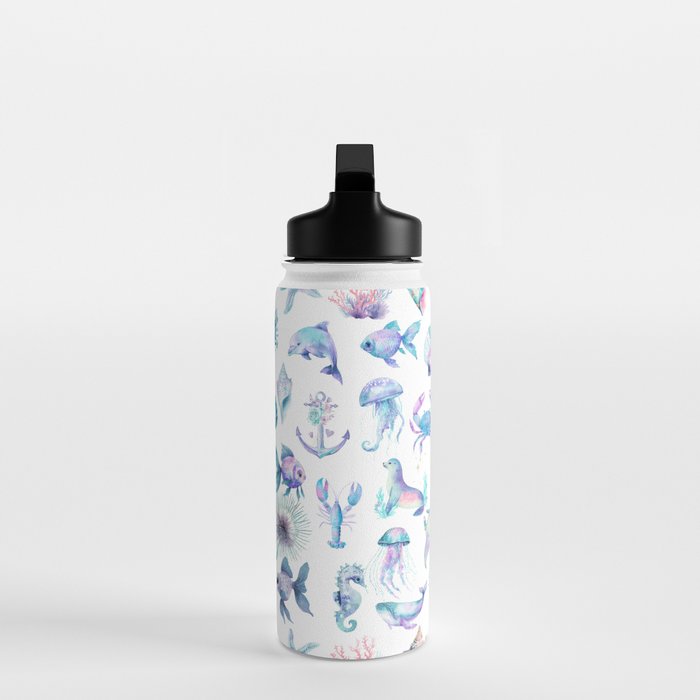 Colorful Water Colors Of Various Sea Animals Pattern Water Bottle Gallery Image 3
