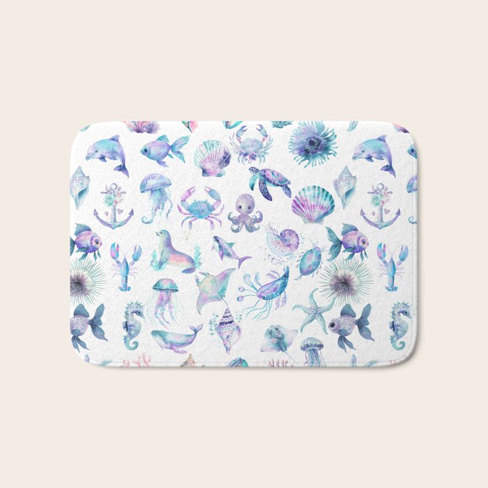 Colorful Water Colors Of Various Sea Animals Pattern Bath Mat Gallery Image 1