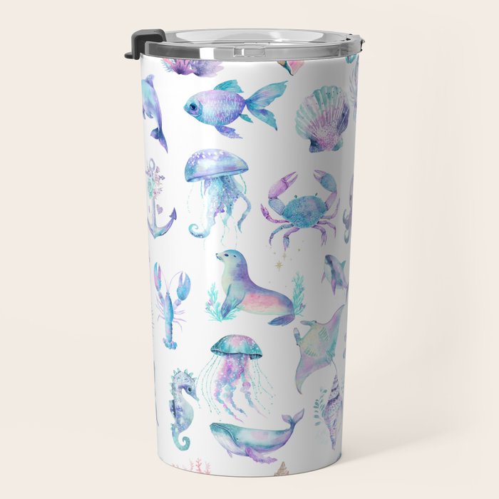 Colorful Water Colors Of Various Sea Animals Pattern Travel Mug Gallery Image 3