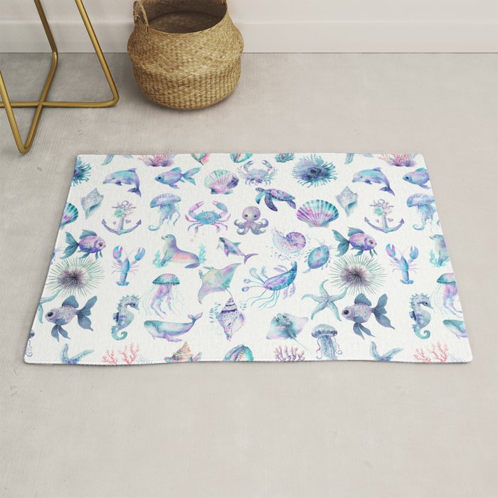 Colorful Water Colors Of Various Sea Animals Pattern Rug Gallery Image 1