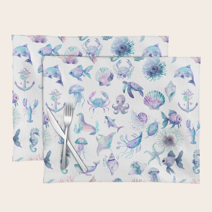 Colorful Water Colors Of Various Sea Animals Pattern Placemat Gallery Image 1