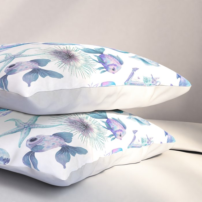 Colorful Water Colors Of Various Sea Animals Pattern Pillow Sham Gallery Image 3