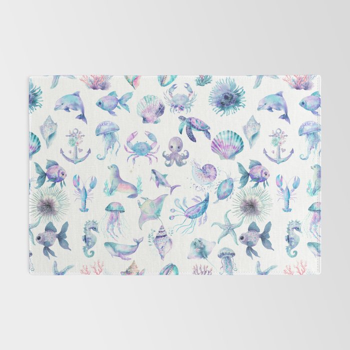 Colorful Water Colors Of Various Sea Animals Pattern Rug Gallery Image 2