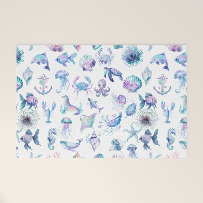 Colorful Water Colors Of Various Sea Animals Pattern Welcome Mat Gallery Image 1