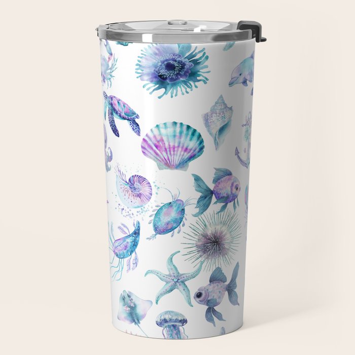 Colorful Water Colors Of Various Sea Animals Pattern Travel Mug Gallery Image 2